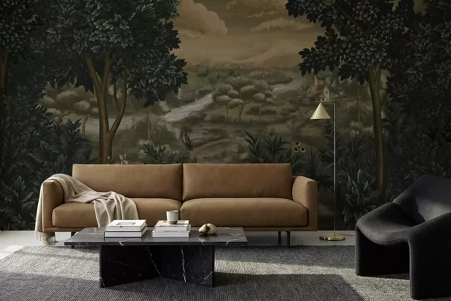 Wall Mural Photo Wallpaper Fantasy landscape with river, house and birds among trees w05090