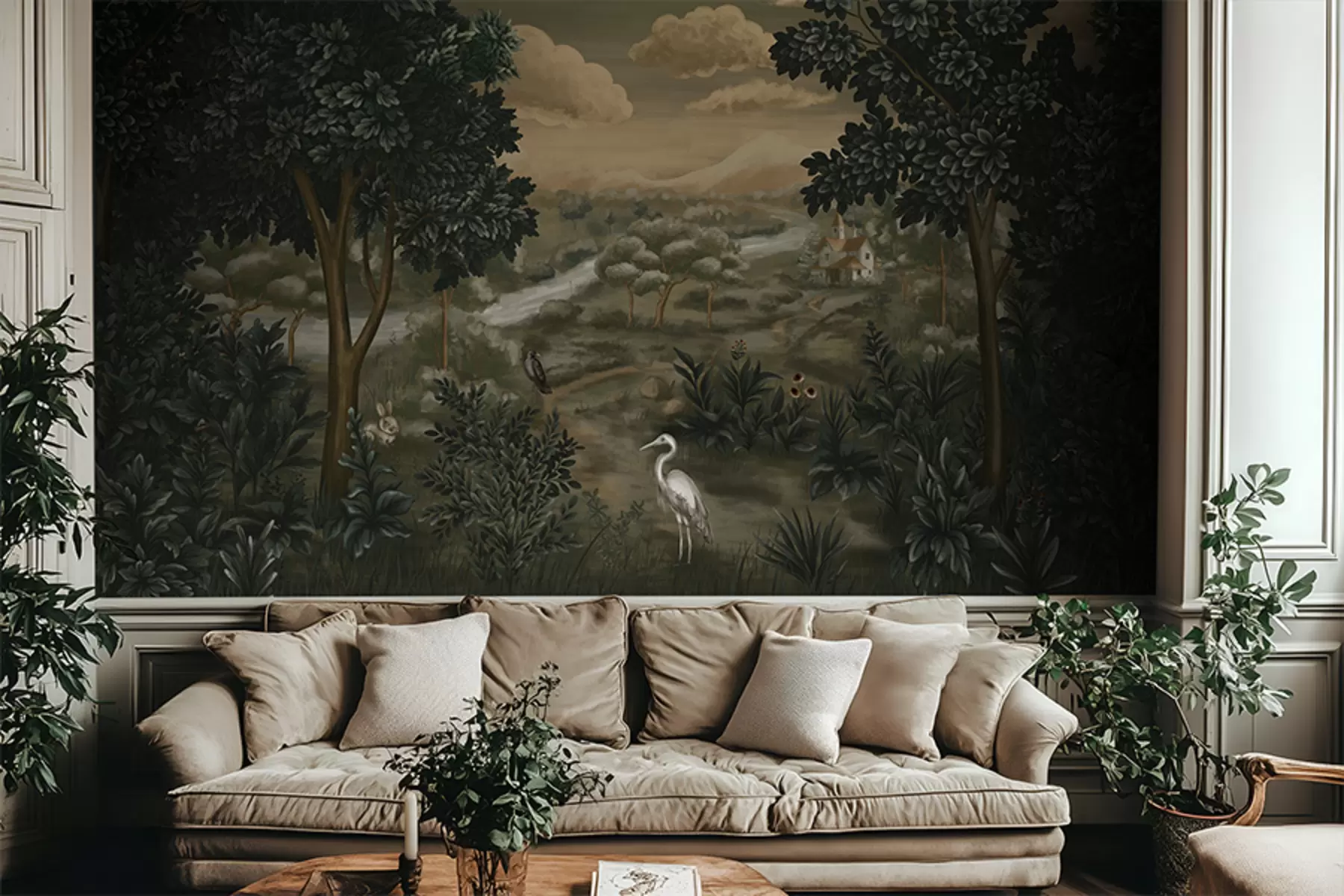 Wall Mural Photo Wallpaper Fantasy landscape with river, house and birds among trees w05090