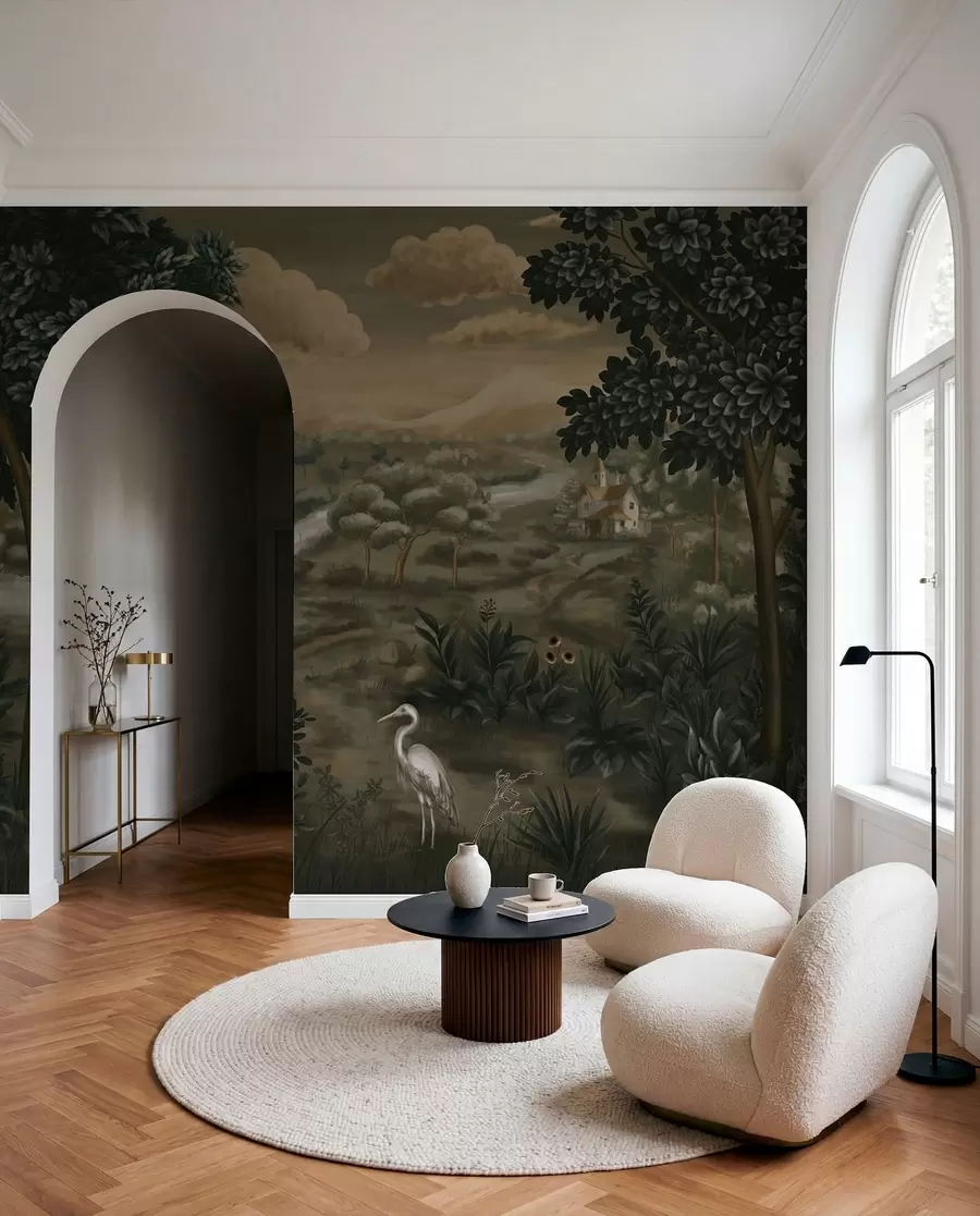 Wall Mural Photo Wallpaper Fantasy landscape with river, house and birds among trees w05090