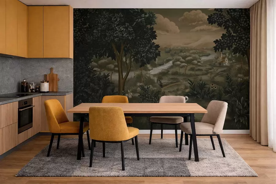 Wall Mural Photo Wallpaper Fantasy landscape with river, house and birds among trees w05090
