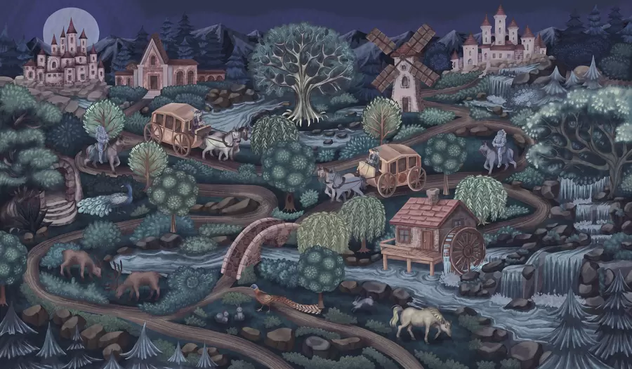 murales Escena nocturna con castillos, molinos y bosques w05091