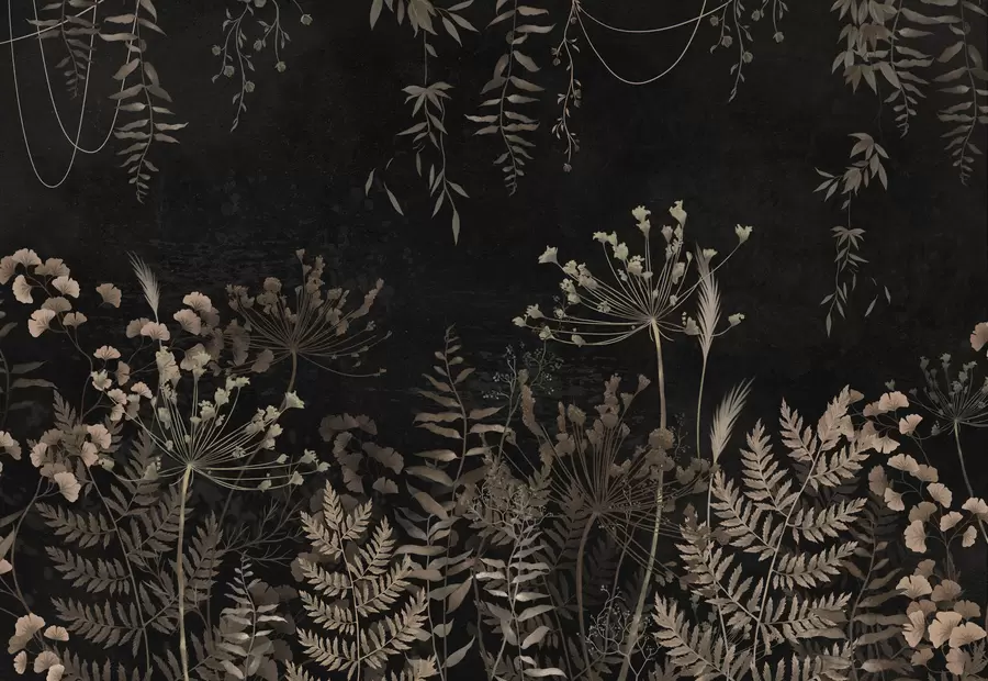 murales Diseño botánico oscuro con flores y hojas. w05092
