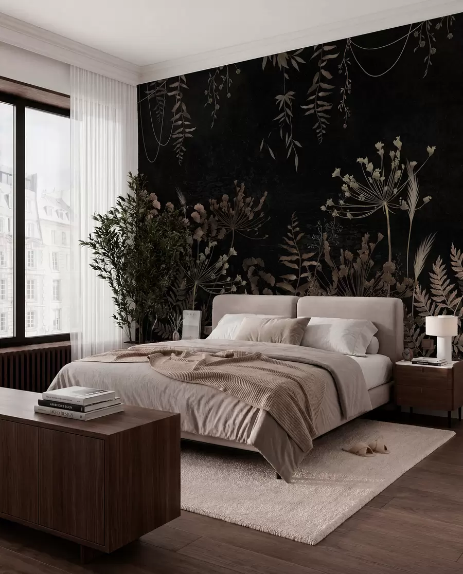 wall murals Dark botanical pattern with flowers and leaves w05092