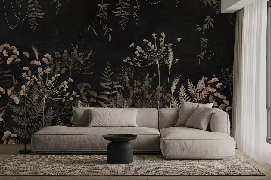 Wall Mural Photo Wallpaper Dark botanical pattern with flowers and leaves w05092