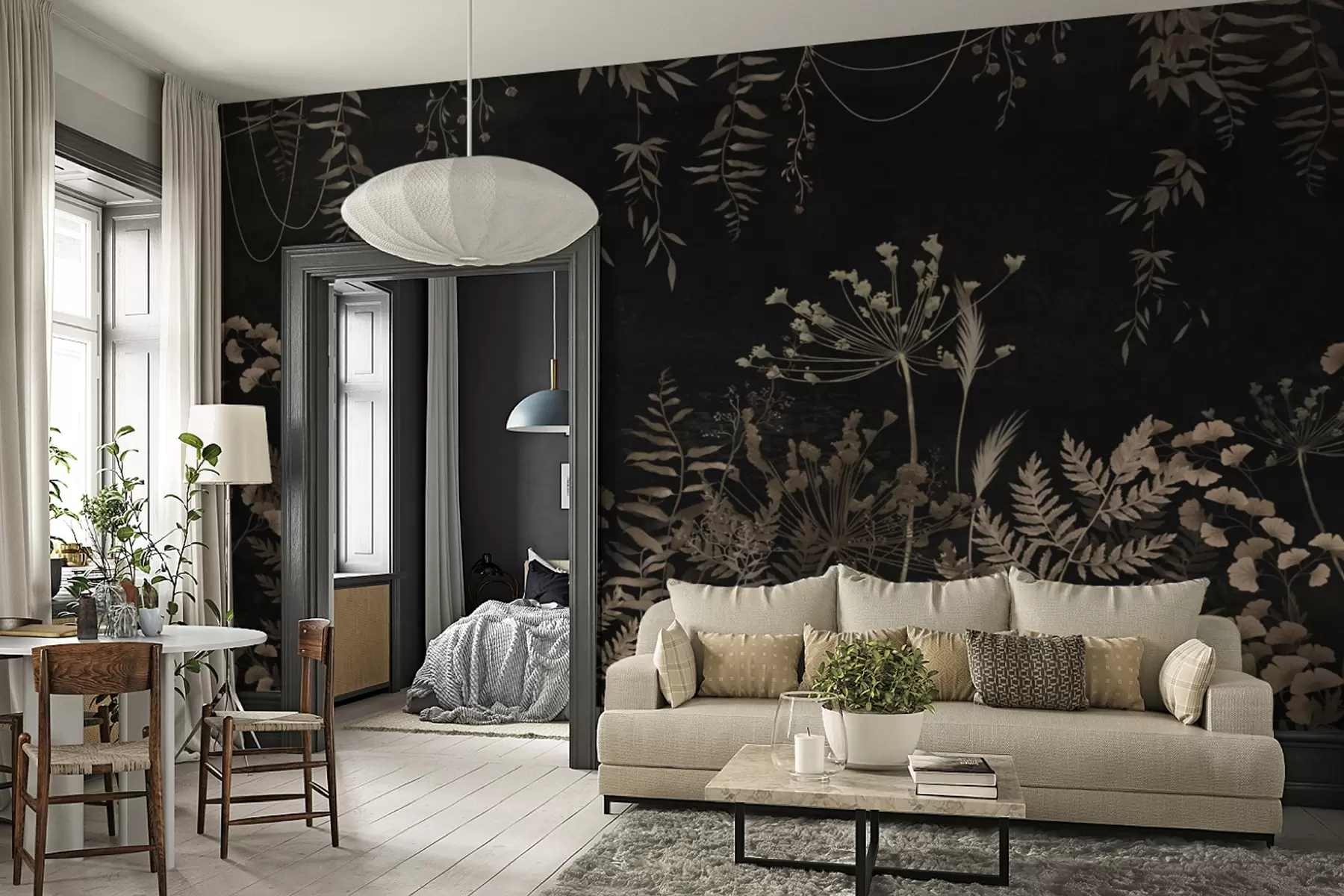 Wall Mural Photo Wallpaper Dark botanical pattern with flowers and leaves w05092