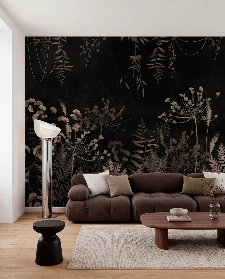 wall murals Dark botanical pattern with flowers and leaves w05092