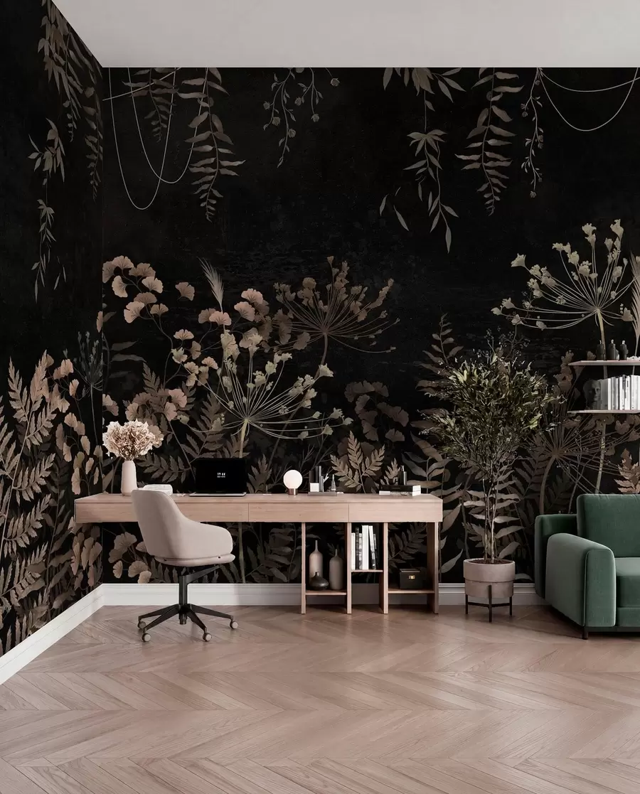 Wall Mural Photo Wallpaper Dark botanical pattern with flowers and leaves w05092