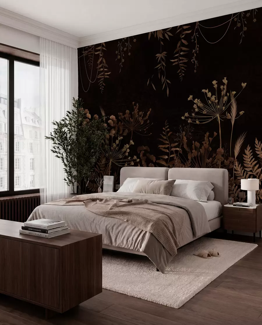 wall murals Dark botanical pattern with flowers and grasses w05092v3