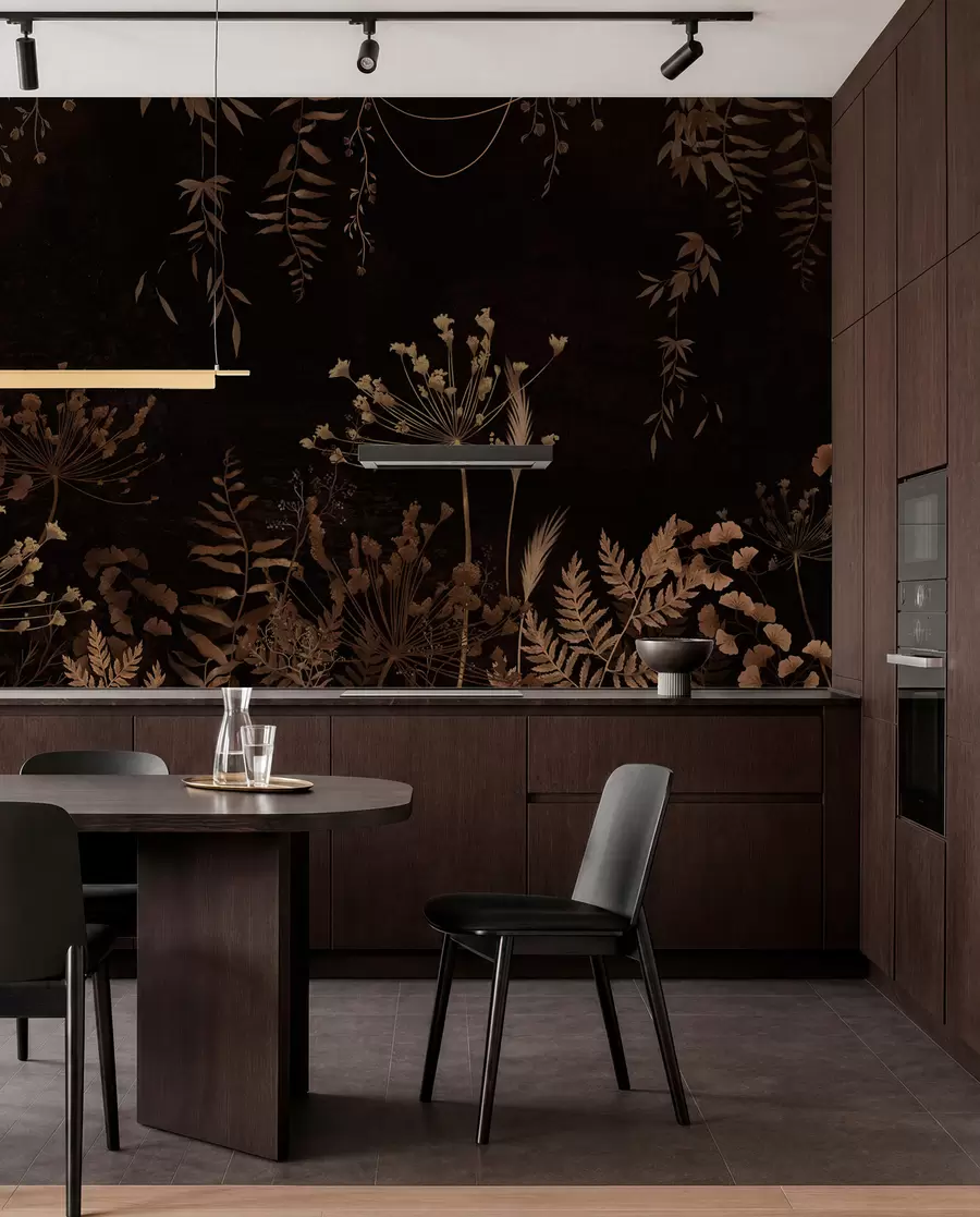 wall murals Dark botanical pattern with flowers and grasses w05092v3