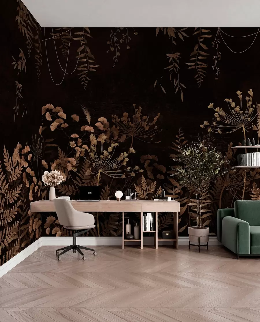 Wall Mural Photo Wallpaper Dark botanical pattern with flowers and grasses w05092v3