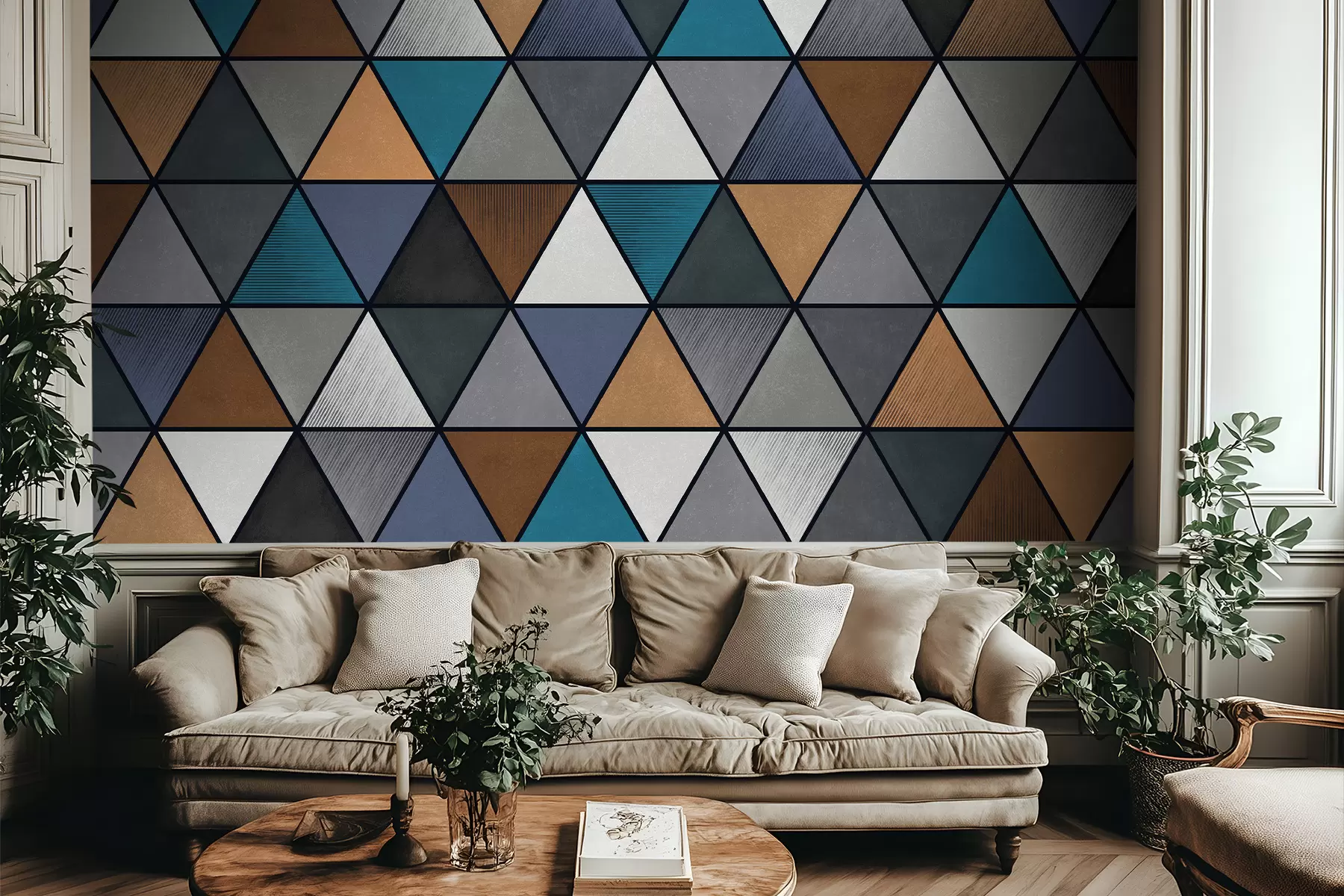 wall murals Triangular geometric pattern in blue and warm tones w05095