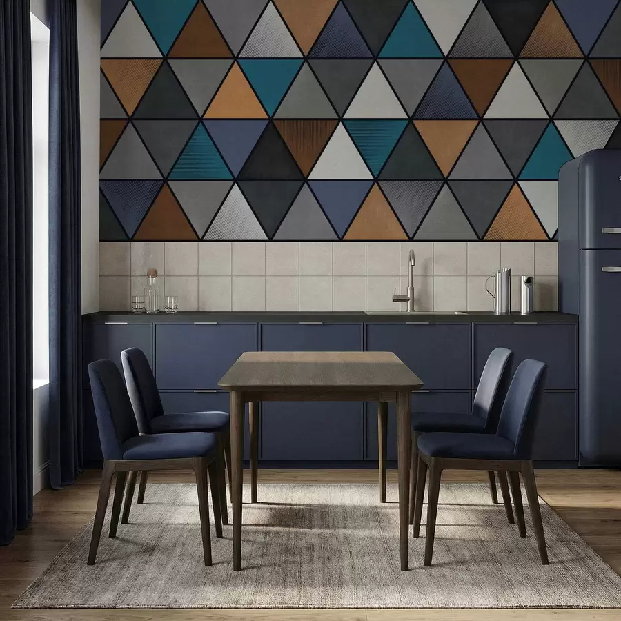 Wall Mural Photo Wallpaper Triangular geometric pattern in blue and warm tones w05095