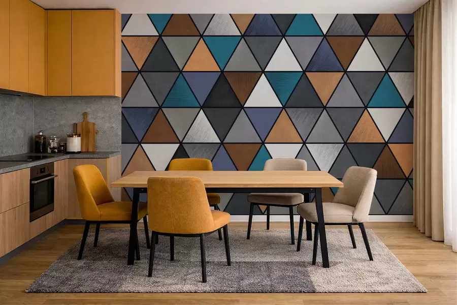 Wall Mural Photo Wallpaper Triangular geometric pattern in blue and warm tones w05095