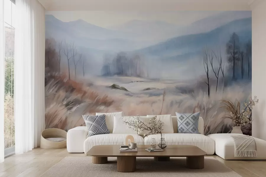 peintures murales Paysage texturé avec de l'herbe sèche au premier plan et des arbres à l'arrière-plan, avec des montagnes au loin. w09542