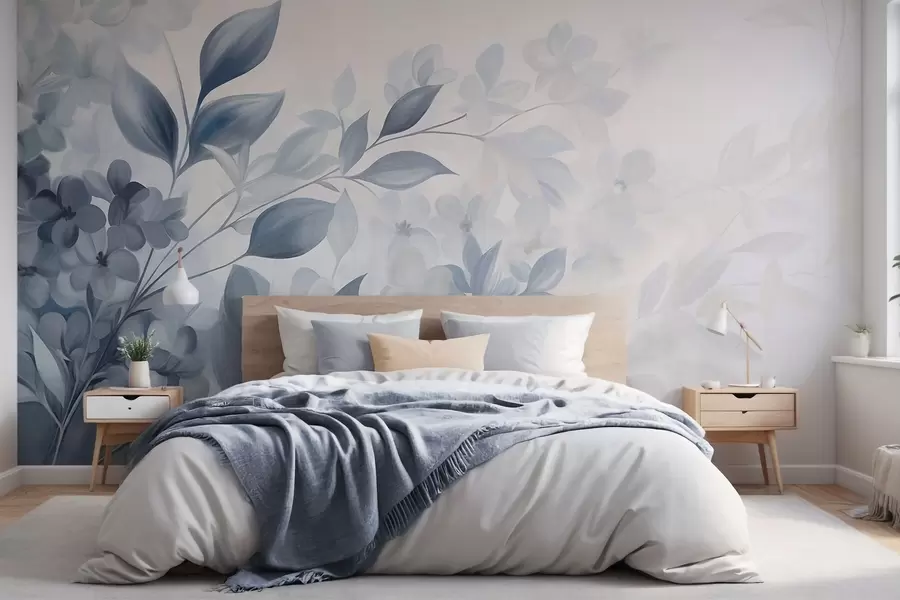 Wall Mural Photo Wallpaper Textured blue and white branch with flowers and leaves fading into a light background watercolor painting style w09543
