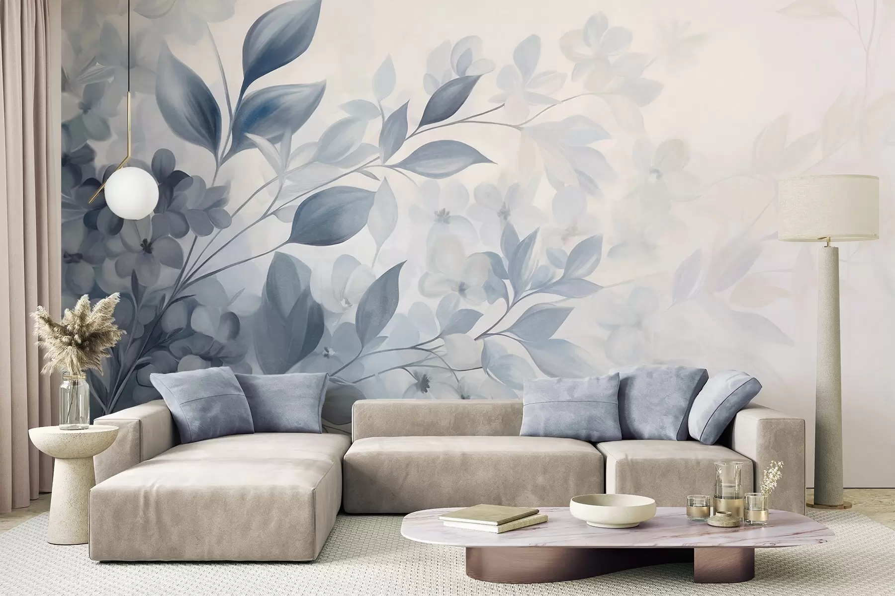 murales Rama azul y blanca con textura, con flores y hojas que se desvanecen en un fondo claro, estilo pintura acuarela. w09543