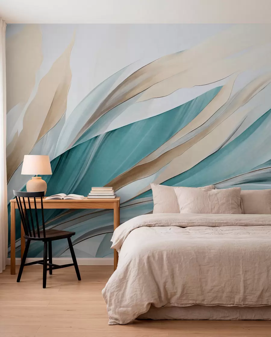 wall murals Abstract flowing waves of teal and yellow, with thin shapes and lines, against a white background, textured art w09585