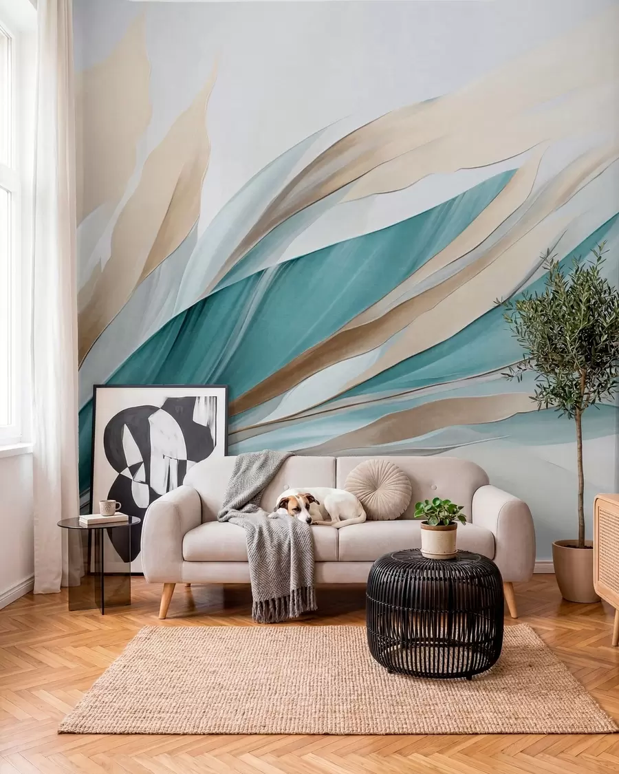 Wall Mural Photo Wallpaper Abstract flowing waves of teal and yellow, with thin shapes and lines, against a white background, textured art w09585