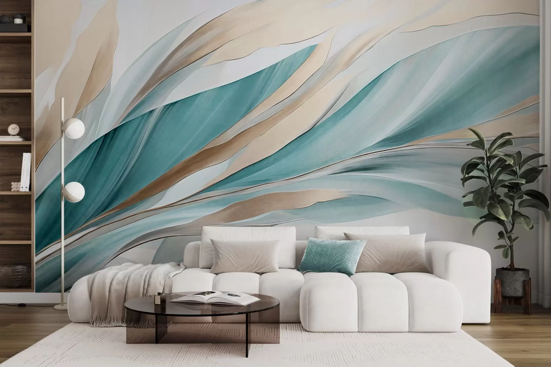 wall murals Abstract flowing waves of teal and yellow, with thin shapes and lines, against a white background, textured art w09585