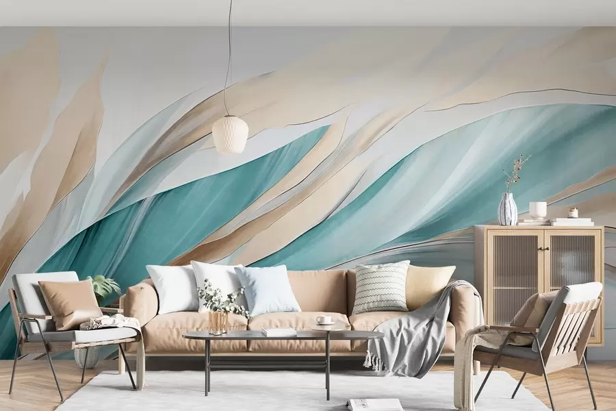 Wall Mural Photo Wallpaper Abstract flowing waves of teal and yellow, with thin shapes and lines, against a white background, textured art w09585
