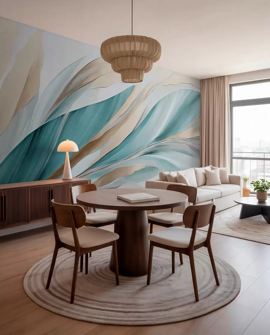 wall murals Abstract flowing waves of teal and yellow, with thin shapes and lines, against a white background, textured art w09585