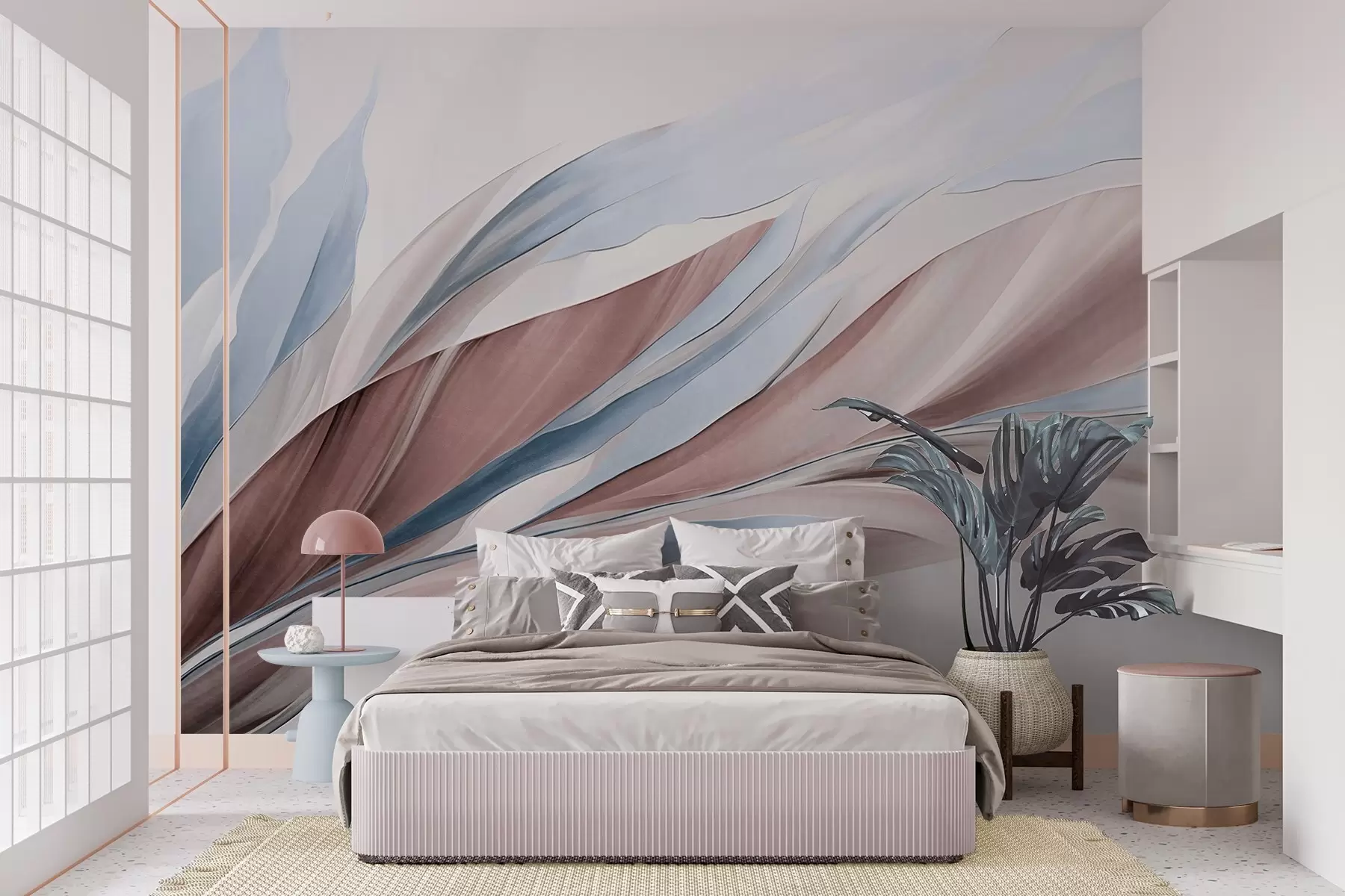 Wall Mural Photo Wallpaper Abstract flowing waves of blue and brown, with thin shapes and lines, against a white background, textured art w09585v1