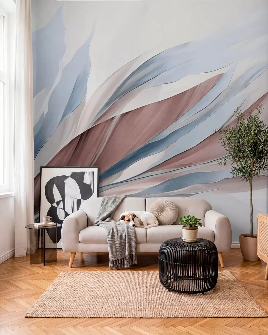 peintures murales Vagues abstraites bleues et brunes, avec des formes et des lignes fines, sur fond blanc, art texturé w09585v1