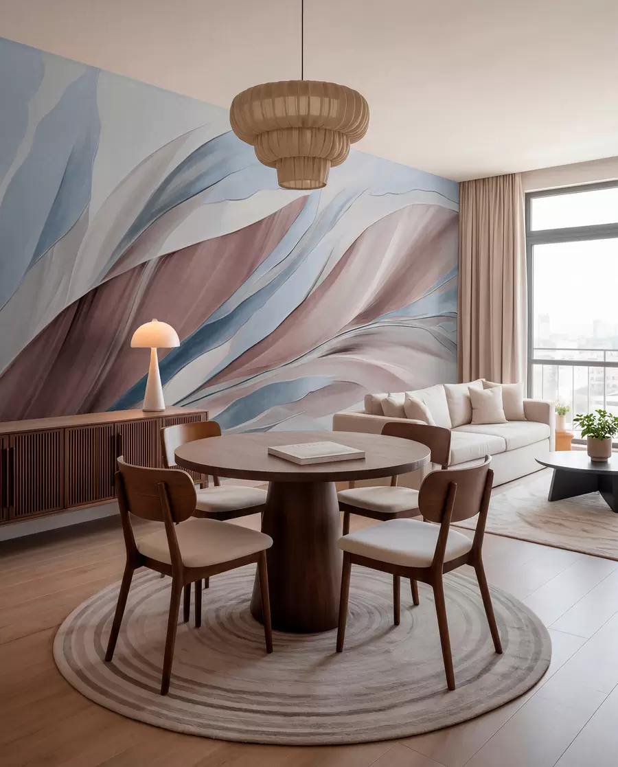 wall murals Abstract flowing waves of blue and brown, with thin shapes and lines, against a white background, textured art w09585v1