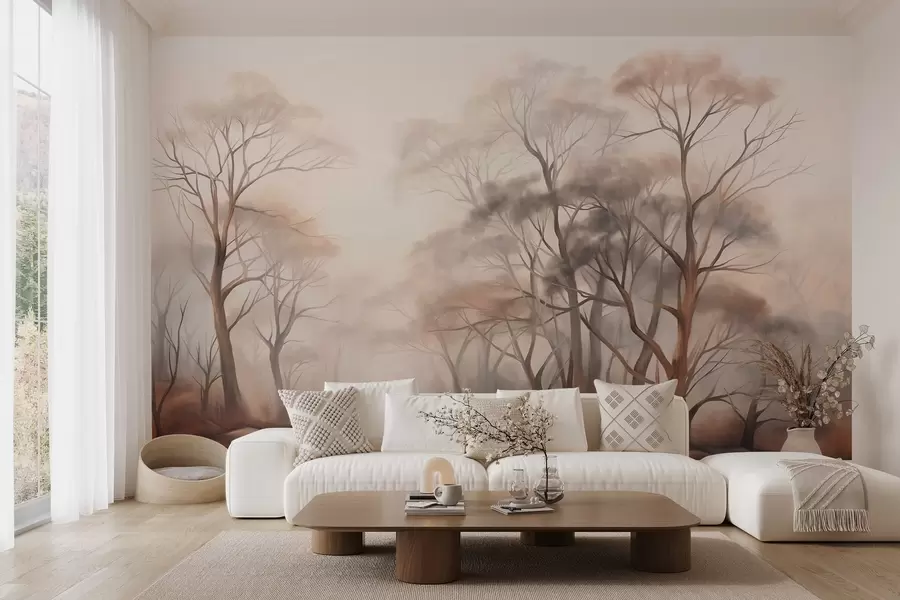 Wall Mural Photo Wallpaper Textured trees in a hazy woodland, foggy landscape with subdued muted colors and gentle lighting w09609