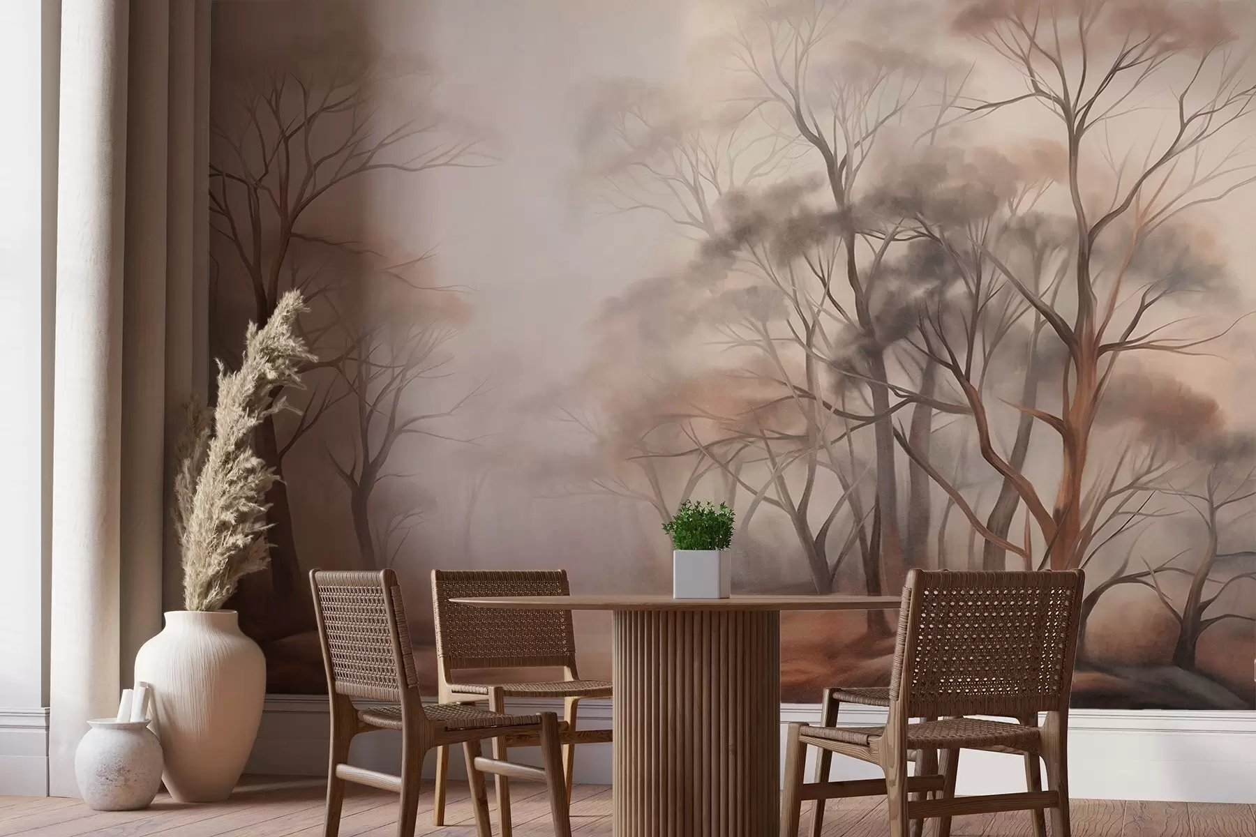 wall murals Textured trees in a hazy woodland, foggy landscape with subdued muted colors and gentle lighting w09609