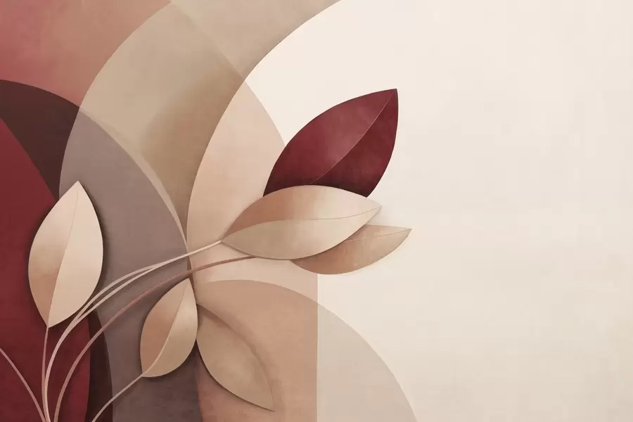 murales Rama abstracta con textura y hojas en tonos marrones, beige y rojos, sobre un fondo de formas abstractas. w09618