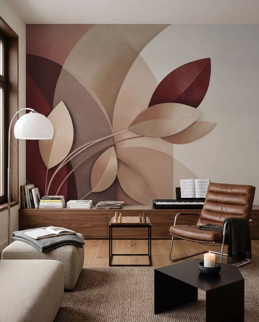wall murals Abstract textured branch with leaves in shades of brown, beige and red, against a background of abstract shapes w09618