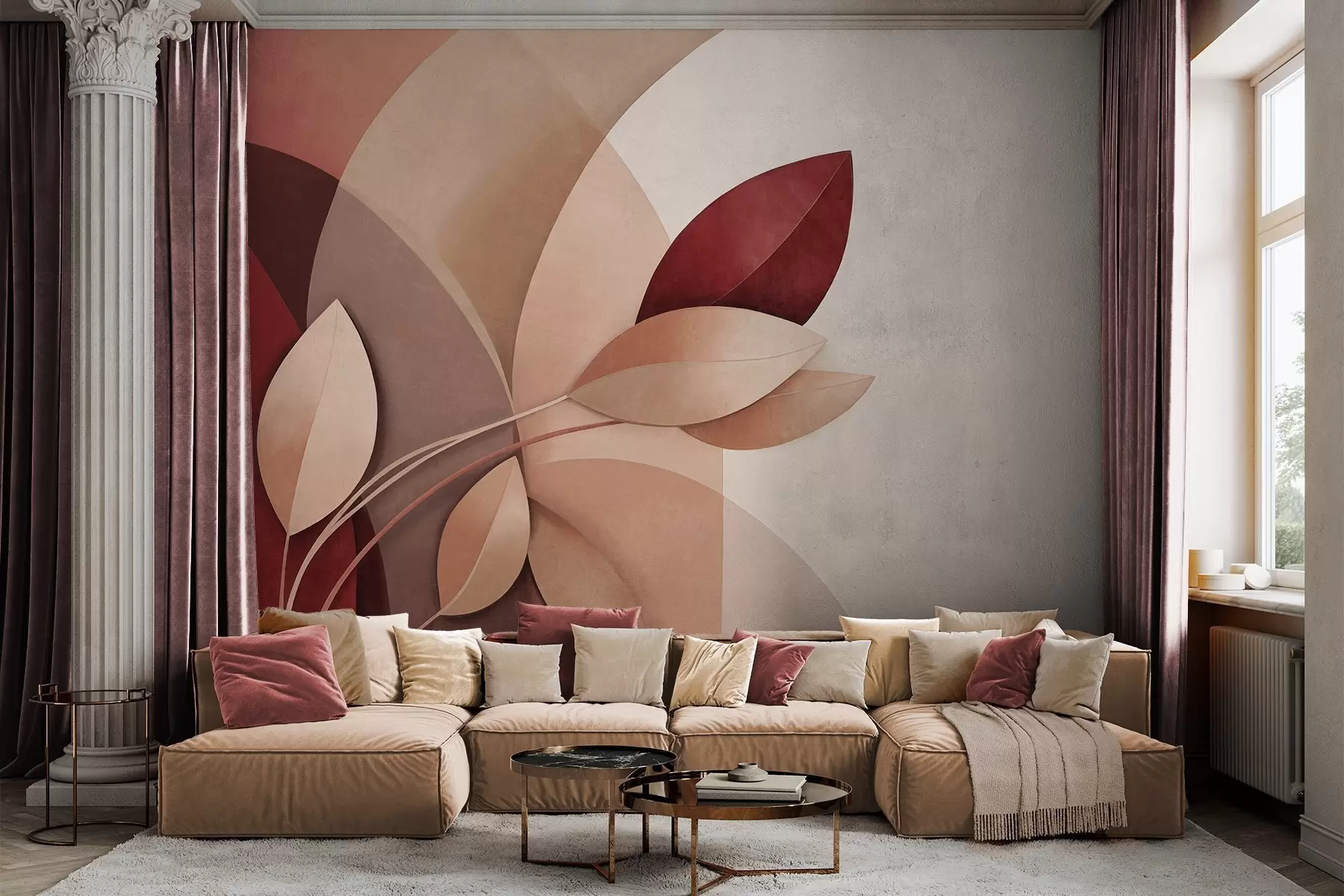 murales Rama abstracta con textura y hojas en tonos marrones, beige y rojos, sobre un fondo de formas abstractas. w09618