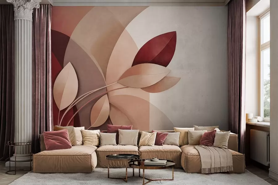 Wall Mural Photo Wallpaper Abstract textured branch with leaves in shades of brown, beige and red, against a background of abstract shapes w09618