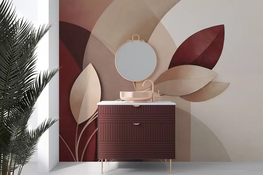 wall murals Abstract textured branch with leaves in shades of brown, beige and red, against a background of abstract shapes w09618