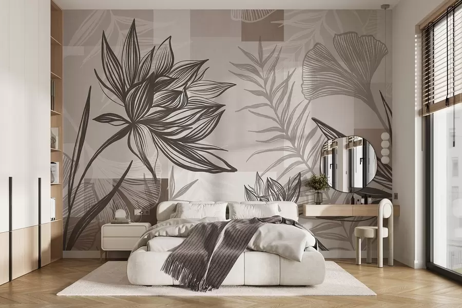 Wall Mural Photo Wallpaper Textured stylized flowers and leaves in shades of brown and beige, with a geometric background, line art w09629