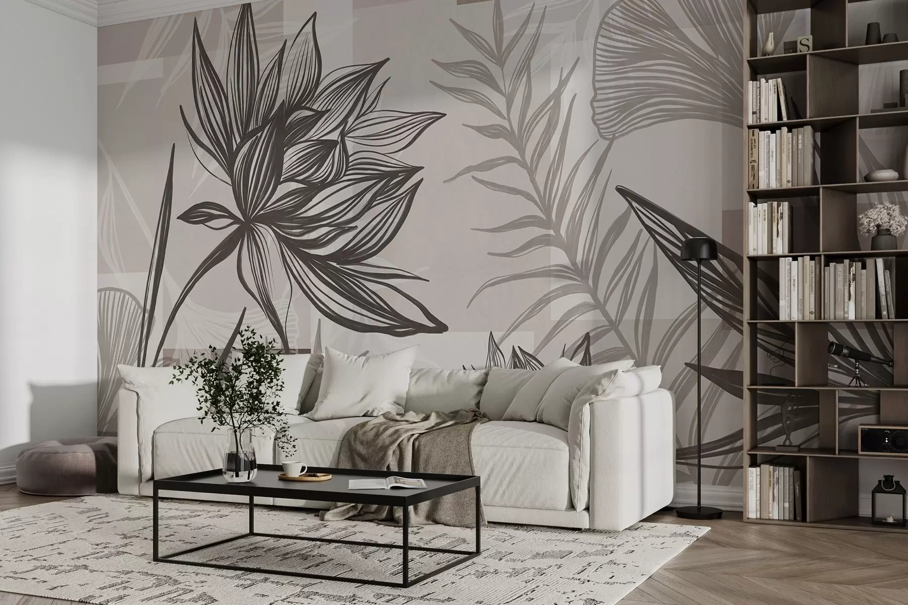 wall murals Textured stylized flowers and leaves in shades of brown and beige, with a geometric background, line art w09629