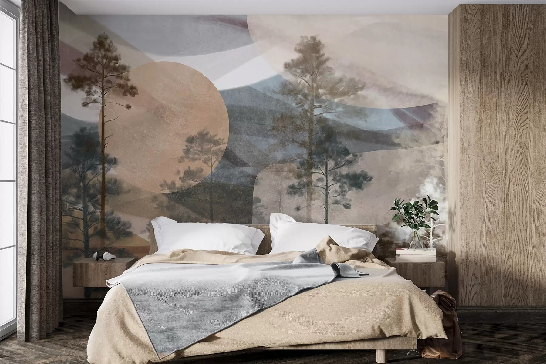 Wall Mural Photo Wallpaper Tall pine trees in a muted textured landscape with abstract circular shapes and layered mountains in earthy tones w09636