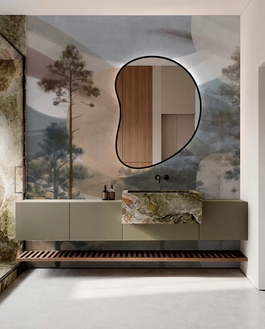 wall murals Tall pine trees in a muted textured landscape with abstract circular shapes and layered mountains in earthy tones w09636