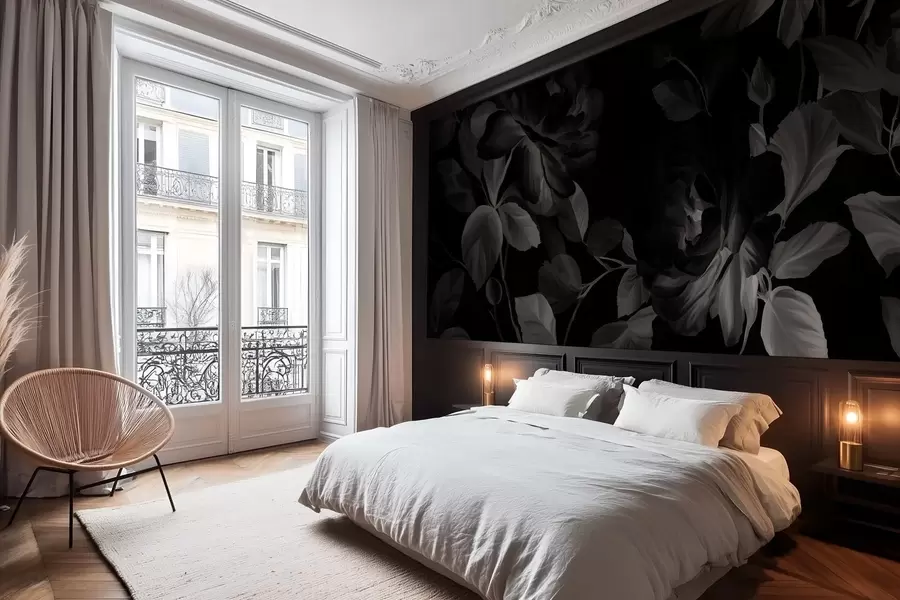 murales Rosas pintorescas en blanco y negro al estilo de la pintura al óleo. w04873v1