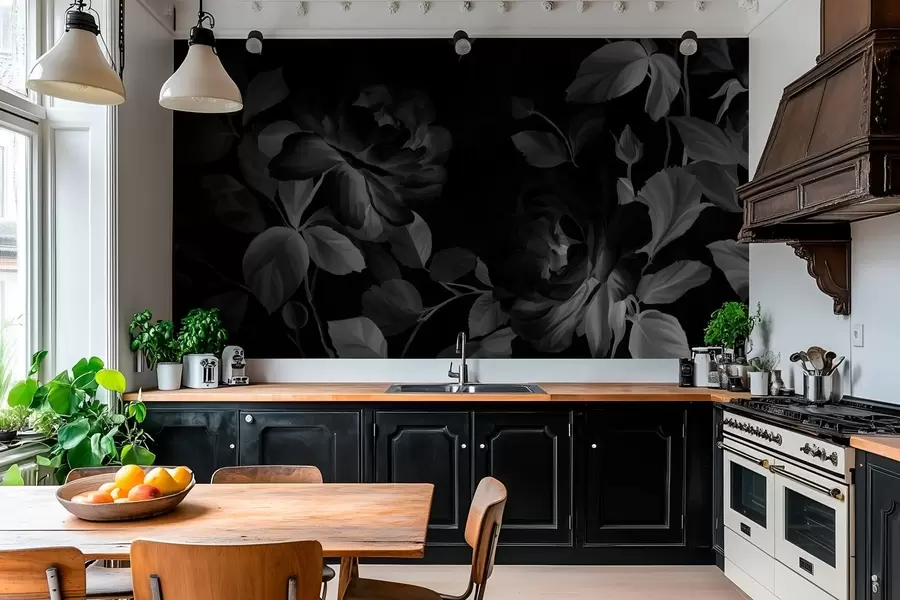 murales Rosas pintorescas en blanco y negro al estilo de la pintura al óleo. w04873v1