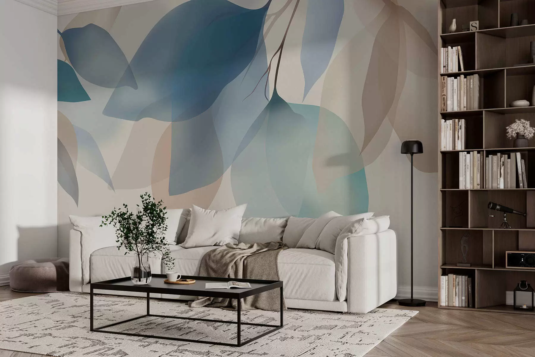 wall murals elegant semi-transparent leaves in shades of blue and beige w05060