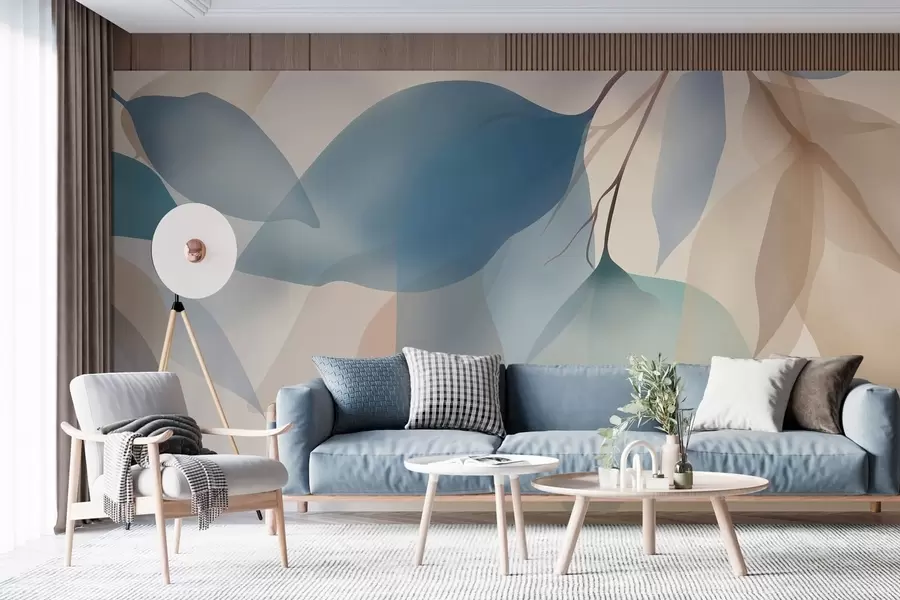 peintures murales feuilles élégantes semi-transparentes dans des tons de bleu et de beige w05060