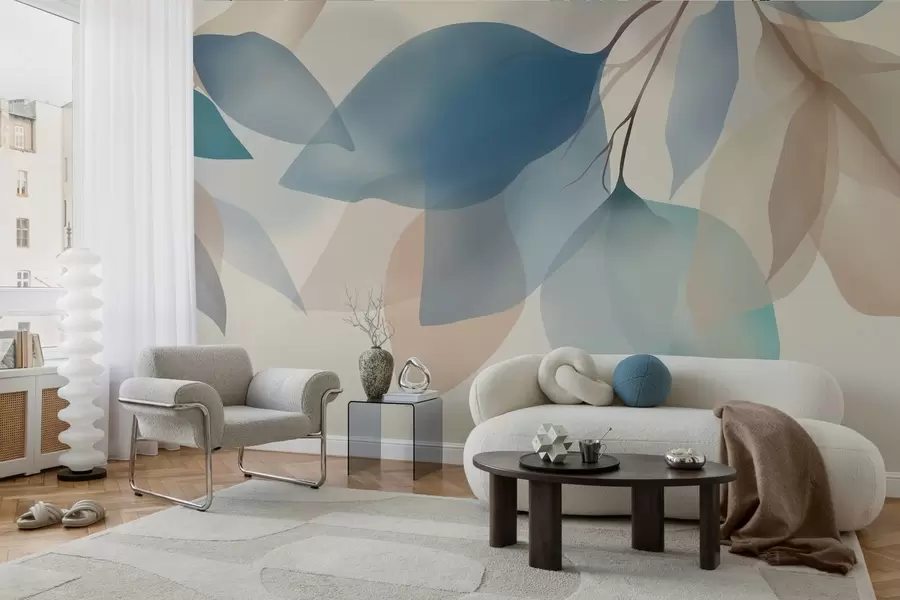 Wall Mural Photo Wallpaper elegant semi-transparent leaves in shades of blue and beige w05060