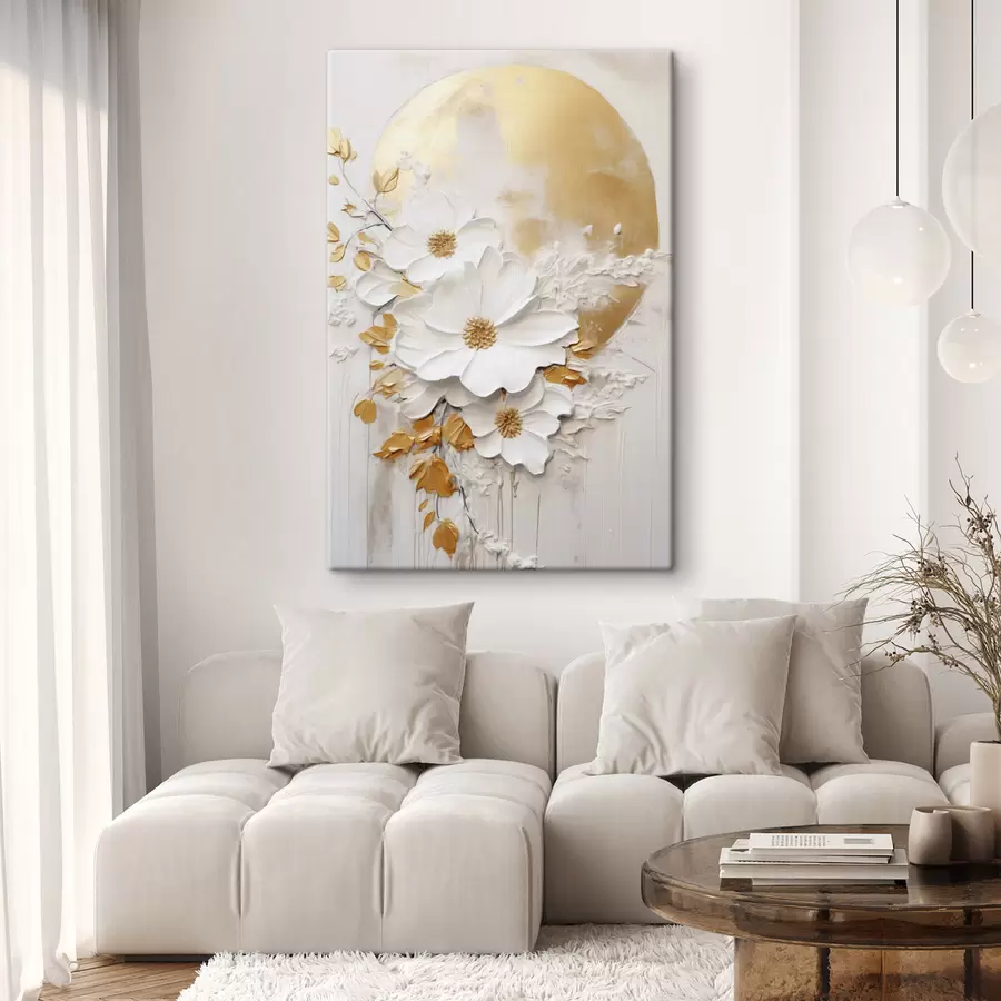 wall murals White flowers with yellow accents and delicate leaves against a textured background, modern art s47414