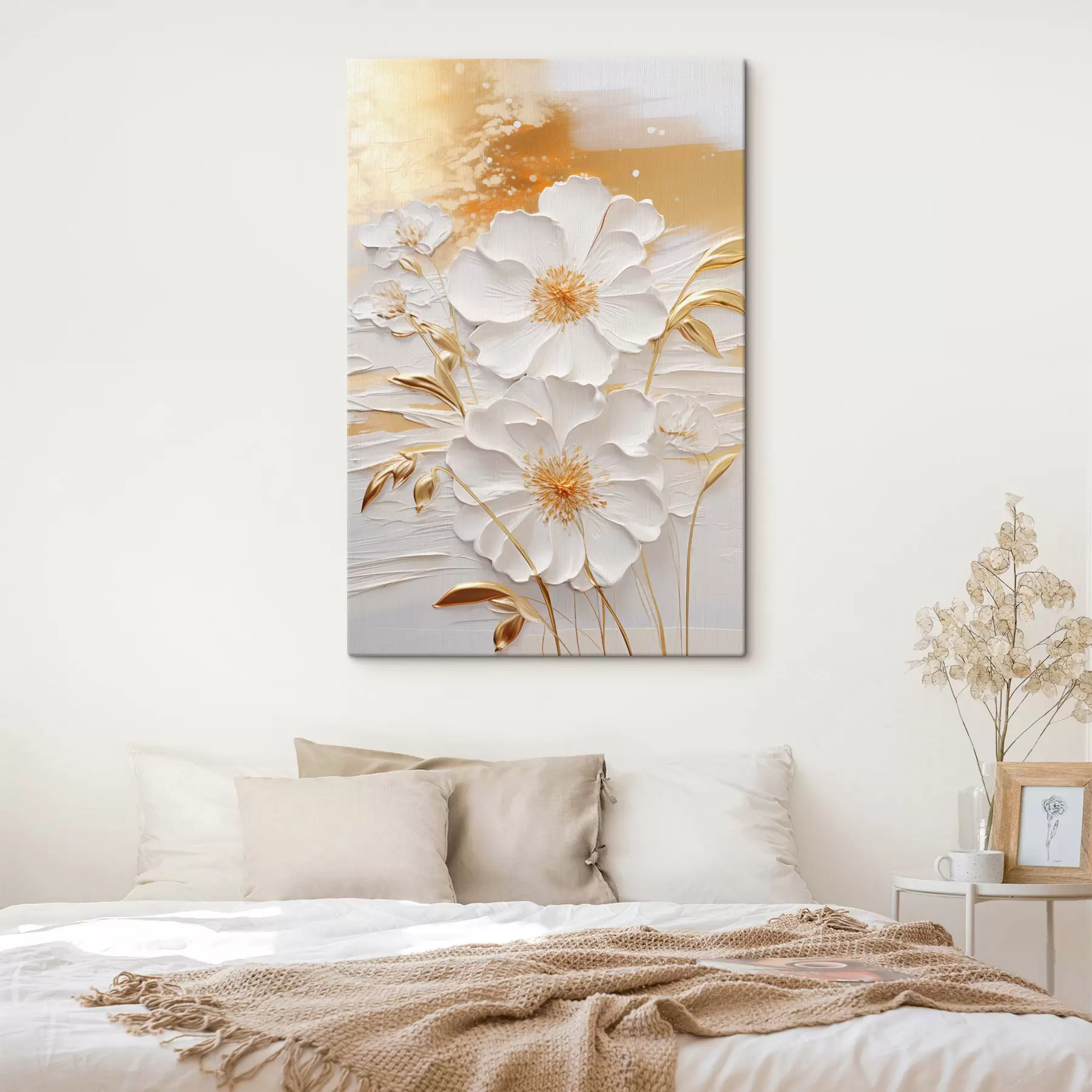 murales Flores blancas con detalles amarillos y hojas delicadas sobre un fondo texturizado, arte moderno. s47415