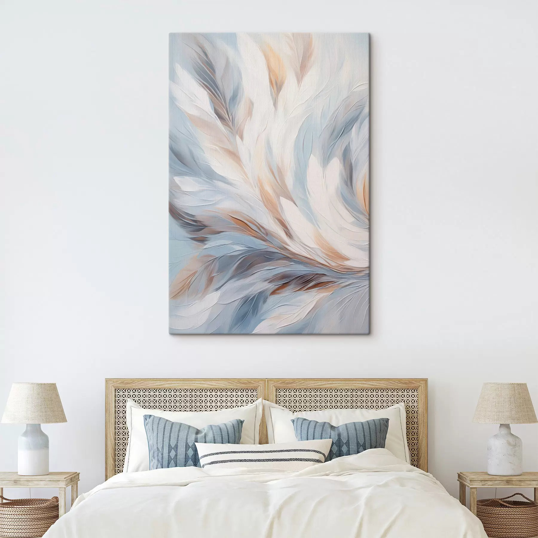 murales Pintura abstracta de plumas en tonos blancos, azules y marrones, con una textura suave y fluida y un fondo claro. s47417
