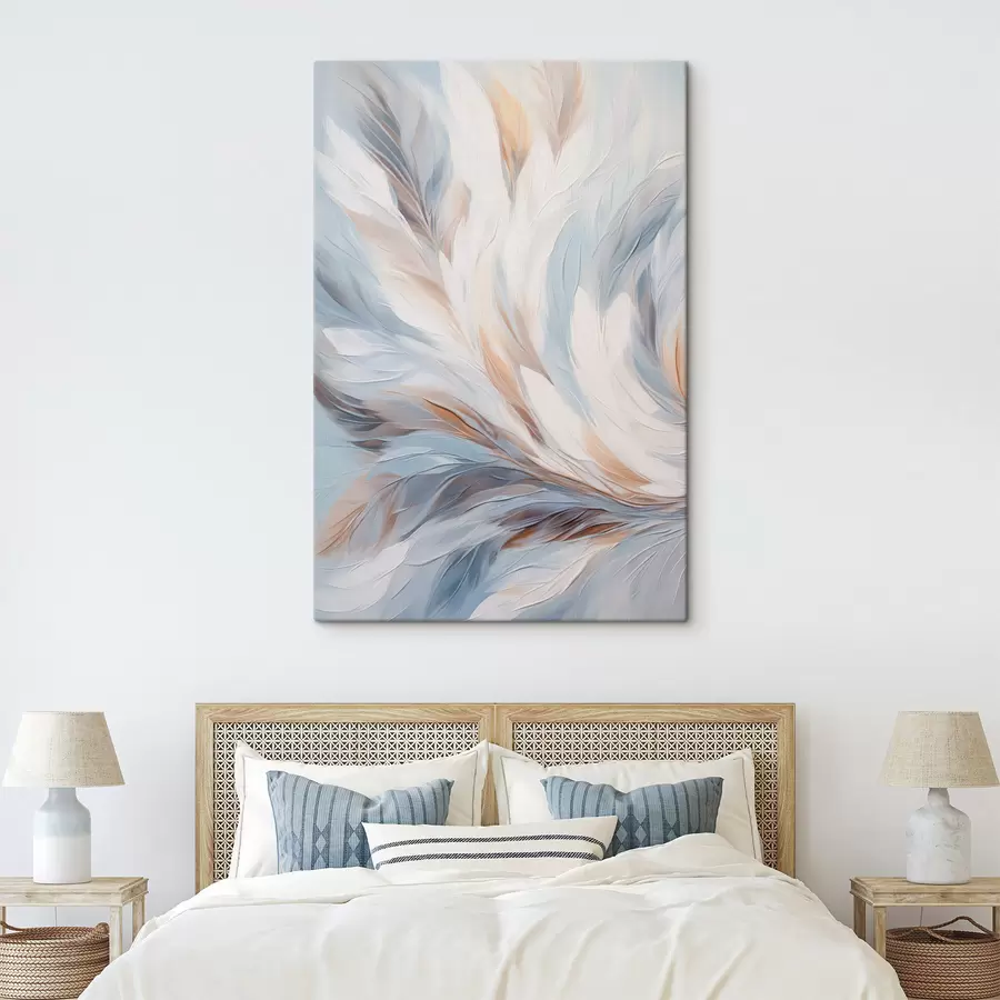 murales Pintura abstracta de plumas en tonos blancos, azules y marrones, con una textura suave y fluida y un fondo claro. s47417