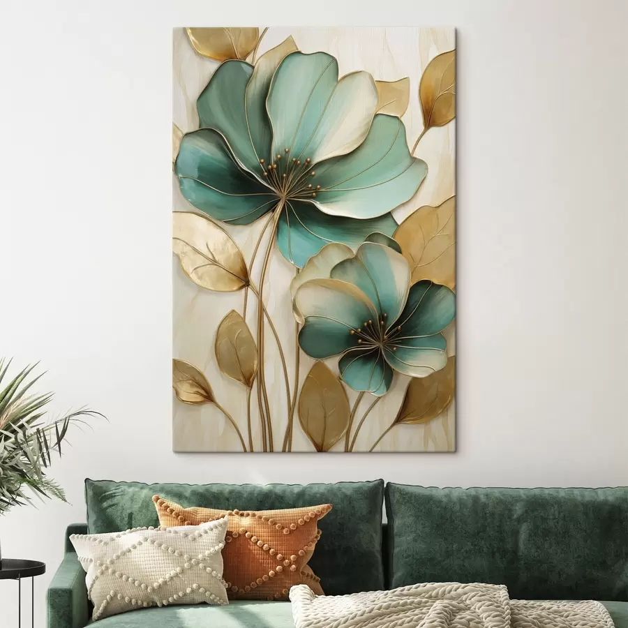 wall murals Large teal and yellow flowers with outlines, surrounded by yellow leaves against abstract background s47418