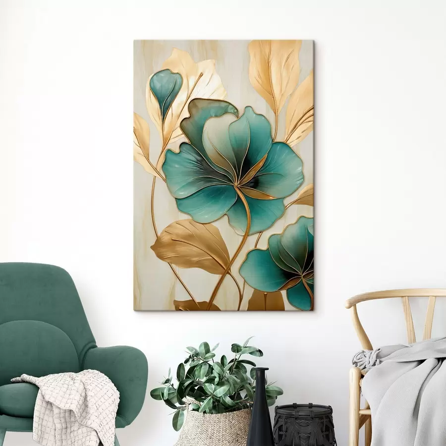 wall murals Large teal and yellow flowers with outlines, surrounded by yellow leaves against abstract background s47419
